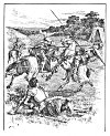 ''He at his entrance charg'd his powerful spear<BR>
At Artegall, in middest of his pryde,<BR>
And therewith smote him on his umbriere<BR>
So sore, that tombling back, he downe did slyde.''