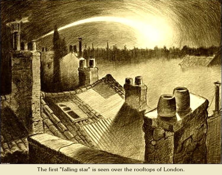 The first 'falling star' is seen over the rooftops of London.