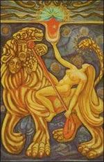 Lust from AC's Thoth Tarot. While Nuit and Hadit represent the ideals of mystic Love, Babalon—the Scarlet Woman who rides the Beast and carries aloft her Holy Graal—is the ideal of sexual ecstasy.