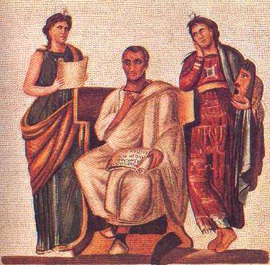 Hadrumatum Mosaic: Vergil with the Muses Clio and Melpomene