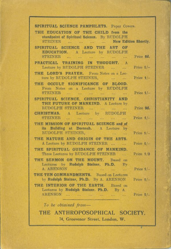 Back cover of Spiritual Guidance of Mankind (1921)