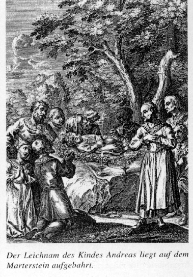 The body of the child Andreas lies in state on the Jew-stone - Jewish Ritual Murder by Hellmut Schramm