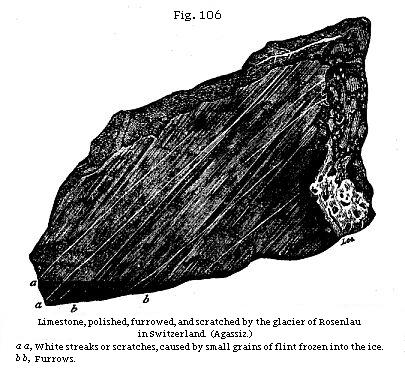 Fig. 106: Limestone, polished, furrowed, and scratched by the glacier of Rosenlau in Switzerland.