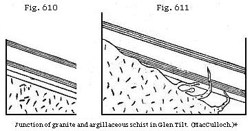 Fig. 610 and Fig. 611: Junction of granite and arbillaceous schist in Glen Tilt. (MacCulloch.