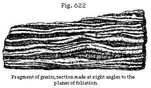 Fig. 622: Fragment of gneiss; section made at right angles to the planes of foliation.